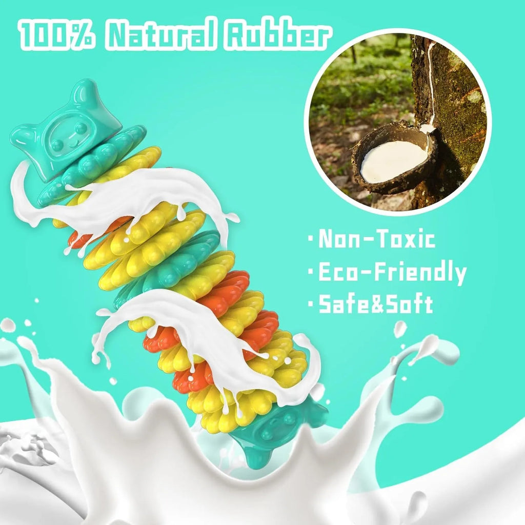 Blue green pink rubber caterpillar dog chew toy 17cm long for aggressive chewers