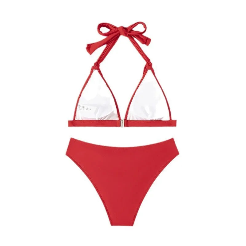 Red women's lace-up halterneck split bikini with adjustable ties