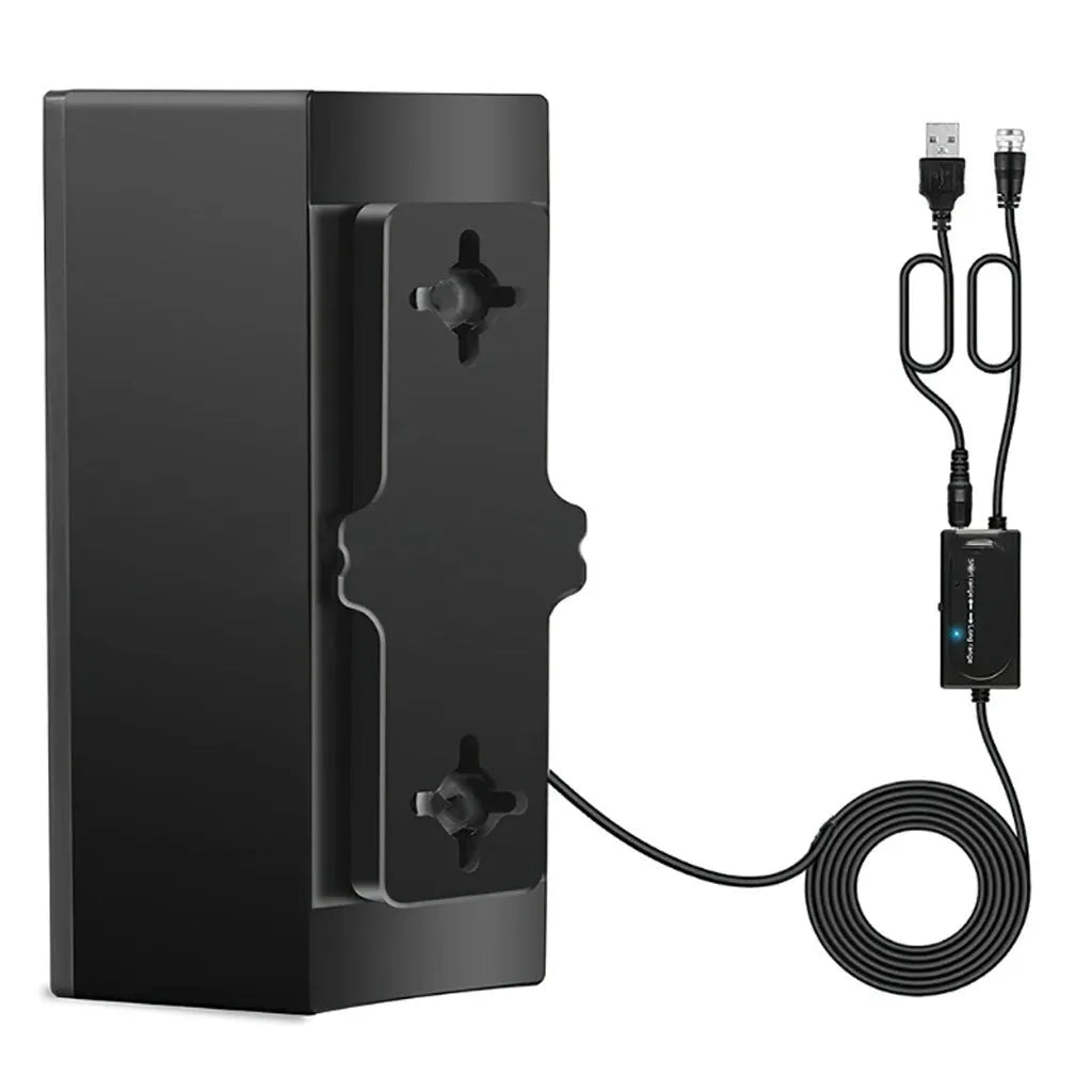 Black plastic HD digital television antenna with mounting screws and adhesive tape.
