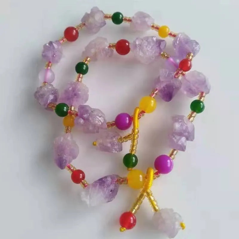 Women's natural shaped amethyst bracelet with fu character bead, adjustable 18-20 cm length