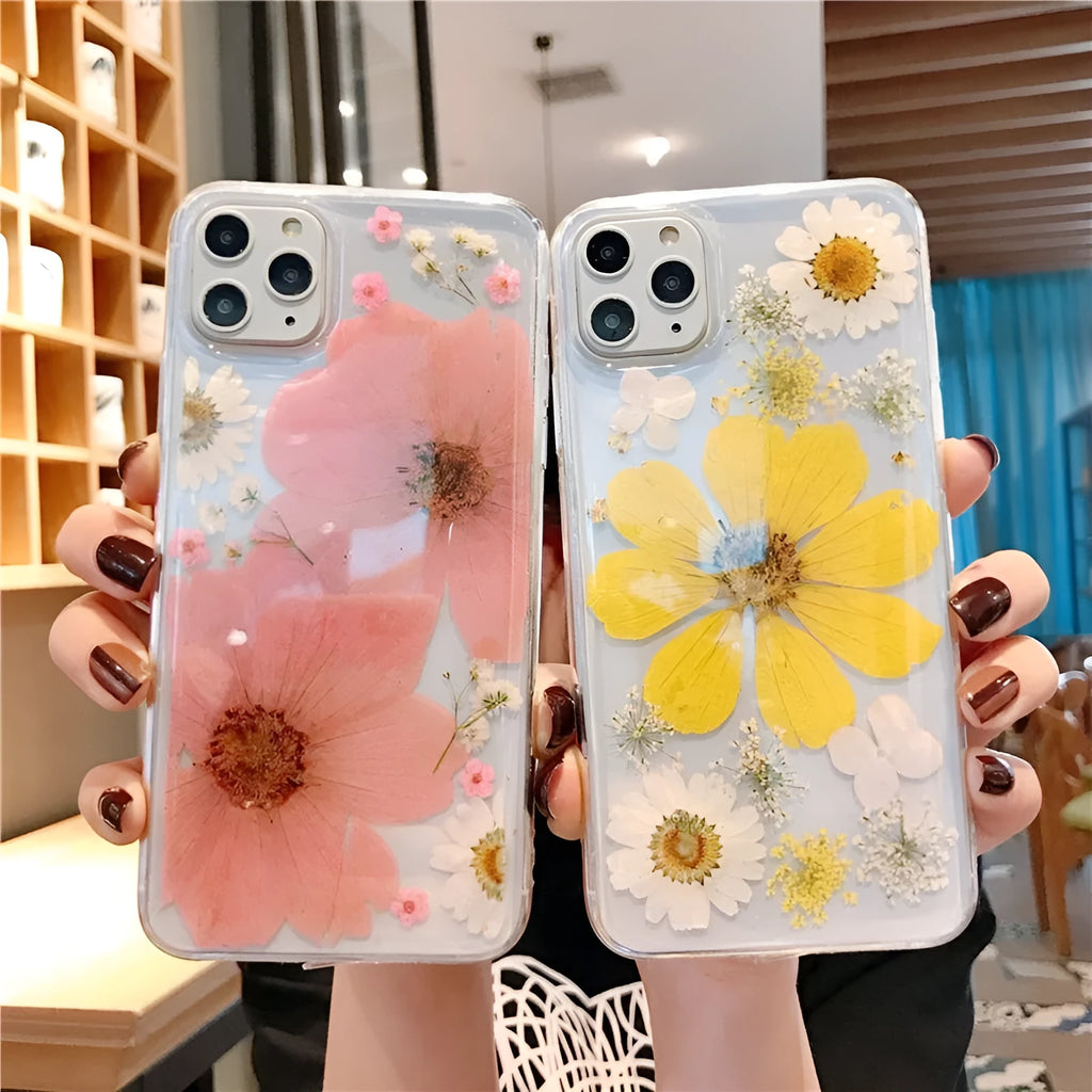 Floral pattern TPU mobile phone case for iPhone in pink and yellow colour options.