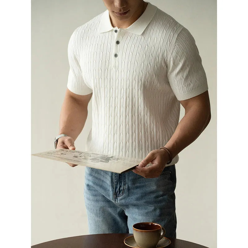 Men's khaki short sleeve business-casual top for office and commute wear.