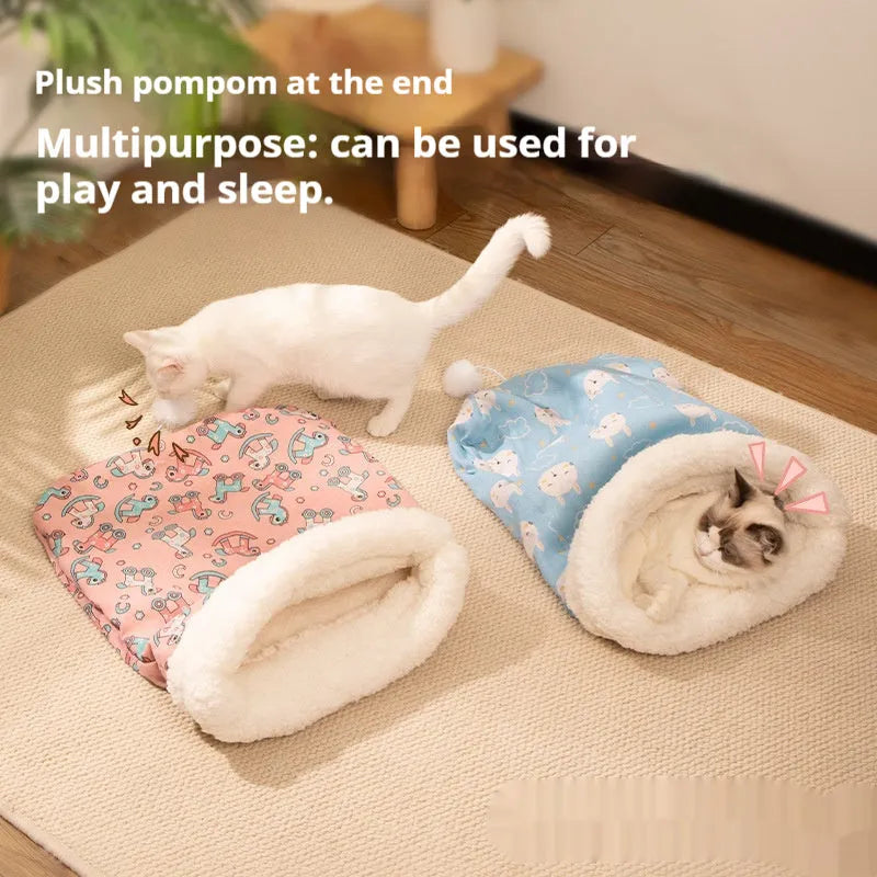 Cat sleeping bag nest measuring 50x40cm with flannel fabric in blue rabbit design