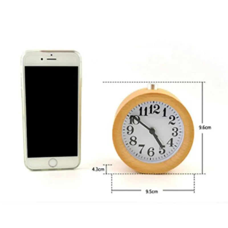 Solid beech wood silent snooze alarm clock with 4-inch dial on wooden surface