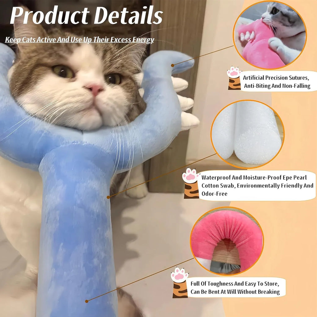 Blue and pink plush cat wand toy showing 70cm length with plush-wrapped construction