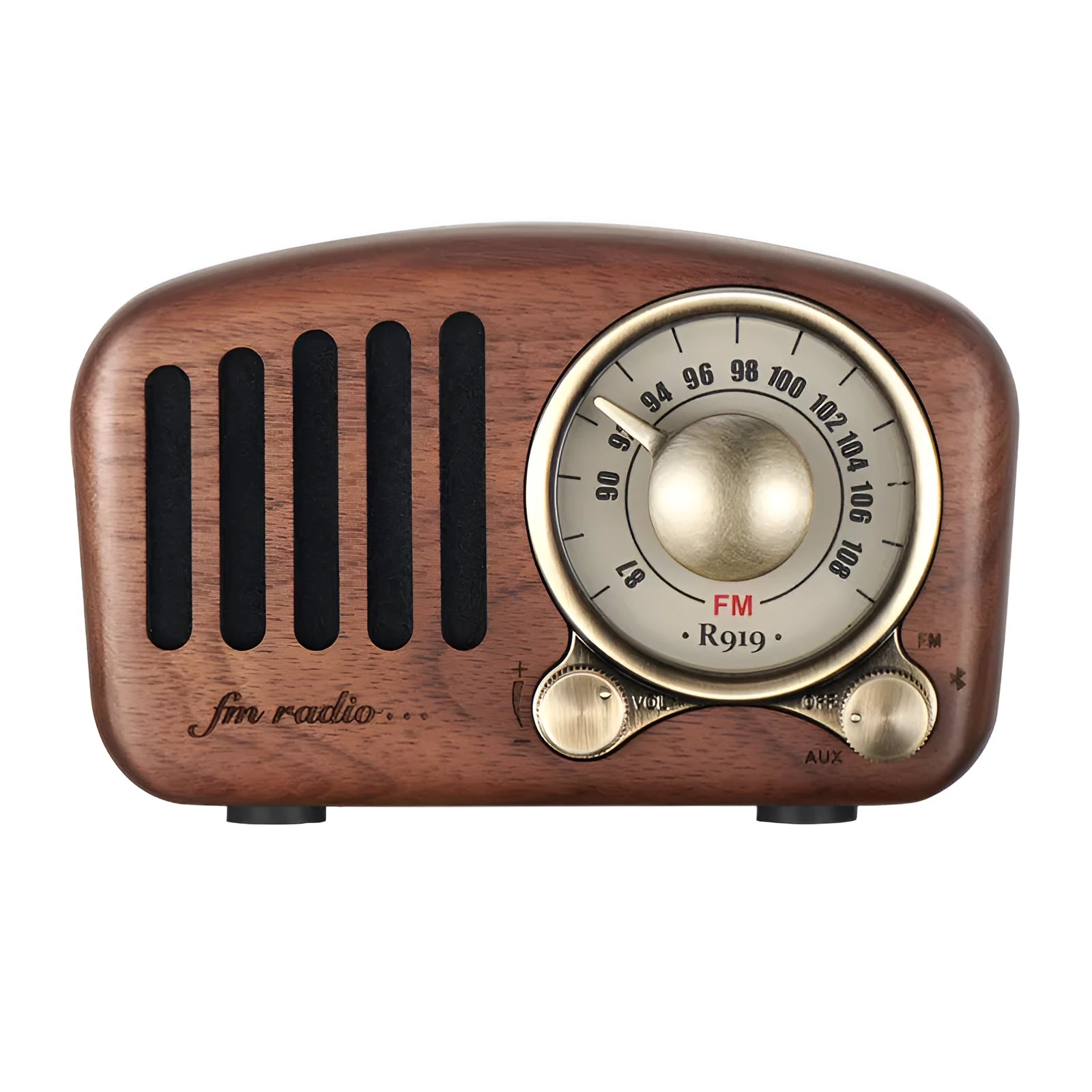 Retro wooden mini Bluetooth speaker in cherry wood finish showing front grille and wooden casing