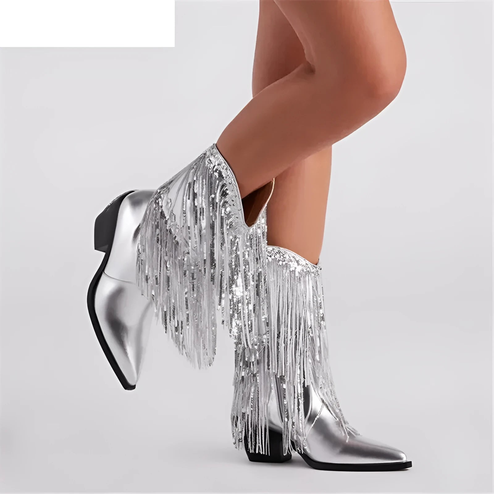 Women's black chunky heel tassel boots with pointed toe and high stiletto heel on a white background.