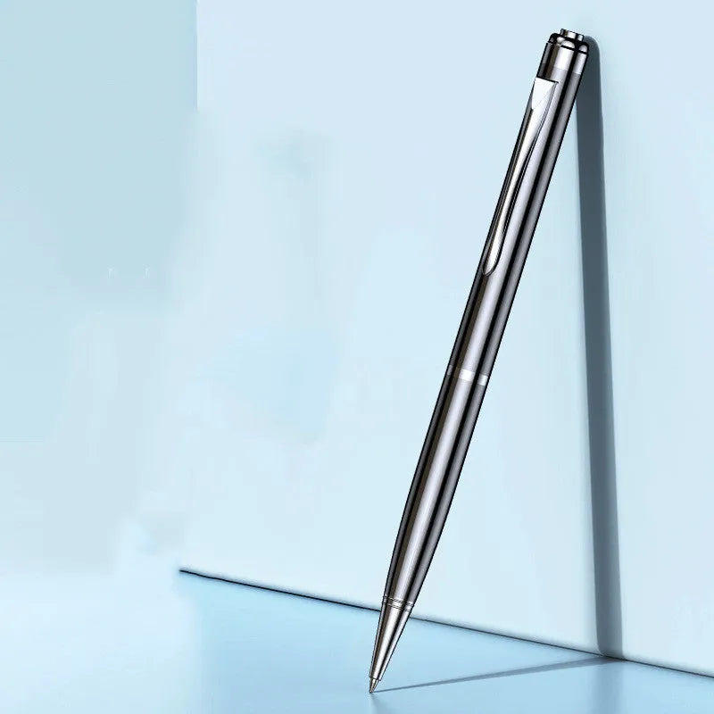 Black pen-shaped voice recorder with zinc alloy shell measuring 140mm length