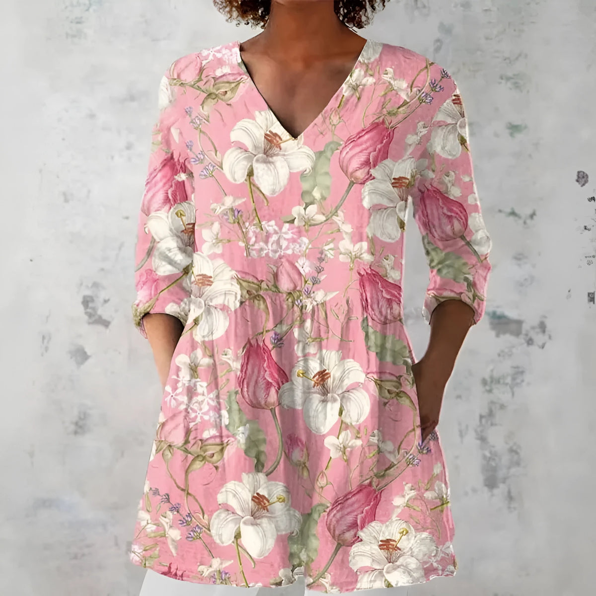 Women's slim fit long sleeve printed top in a retro pattern, made from polyester.