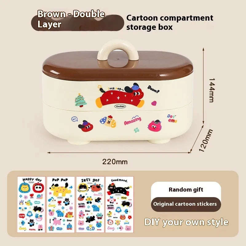 Cartoon-style plastic desktop organiser with grid compartments and labelling stickers for stationery storage