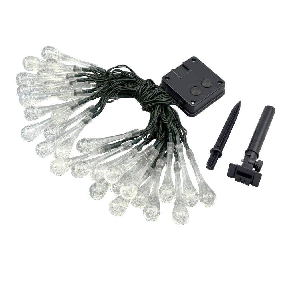 Solar LED outdoor string lights with water drop shaped pendants on a 6.5 metre cable for garden decoration