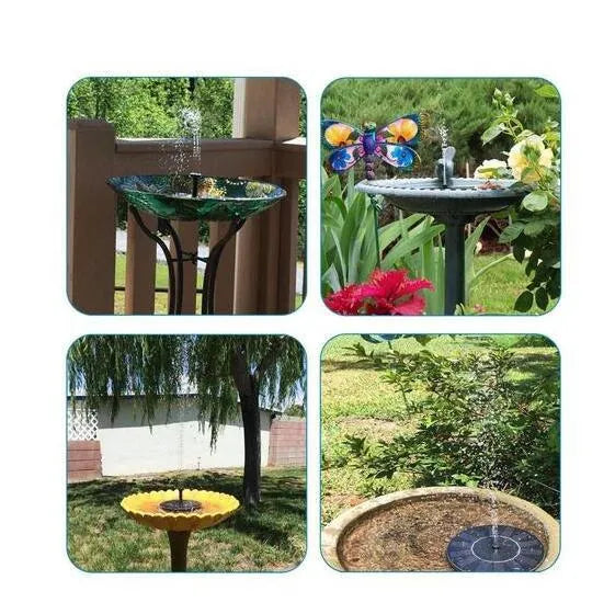Black solar-powered floating water fountain pump with four spray nozzles on a 16cm square base.