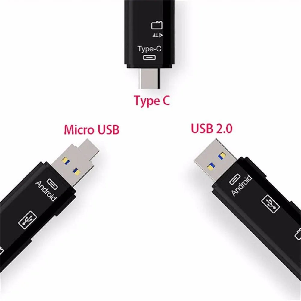 Black USB-C to Micro USB and TF card reader hub adapter with USB 2.0 port