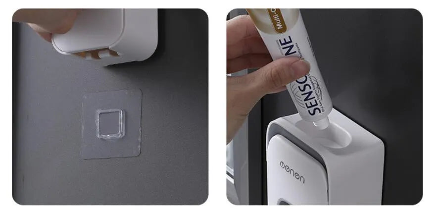 A blue automatic toothpaste dispenser mounted on a bathroom wall with a soft-touch button.