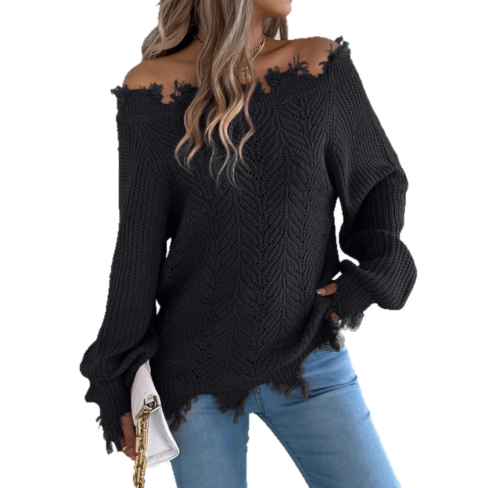 Women's white hollow-out cut-off-shoulder pullover sweater with regular sleeves on hanger