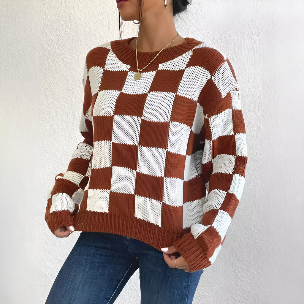 Dark brown acrylic sweater with a chessboard plaid pattern, loose fit, round neck, and long sleeves.