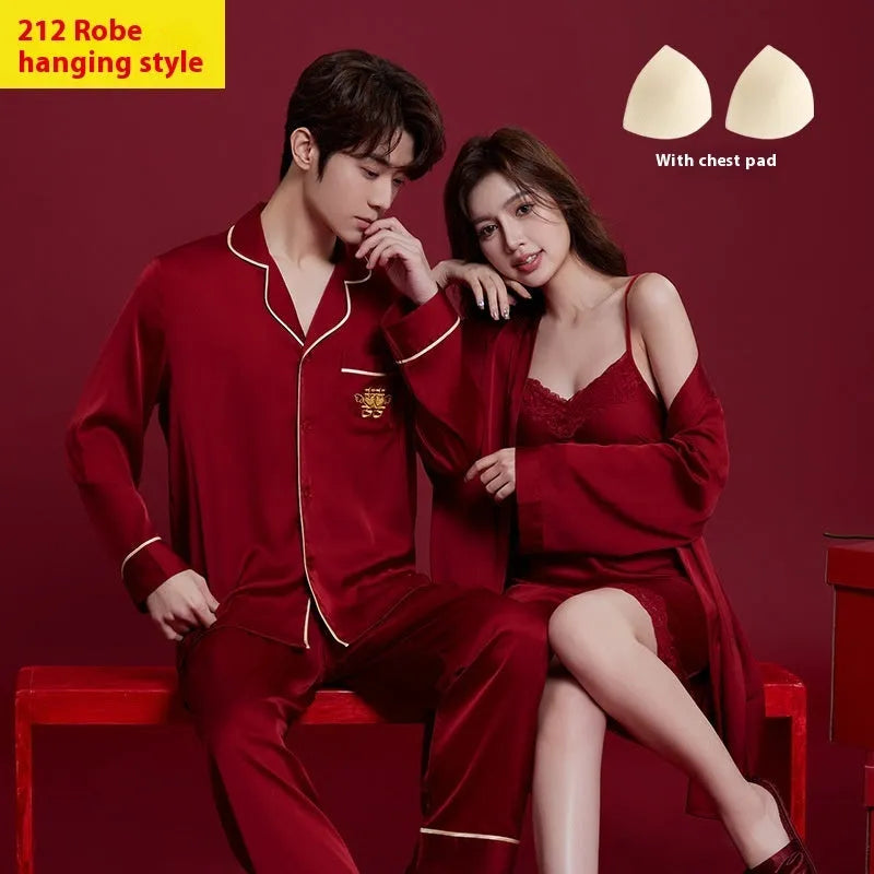Red ice silk wedding dowry sleepwear set for couples with long sleeves and trousers