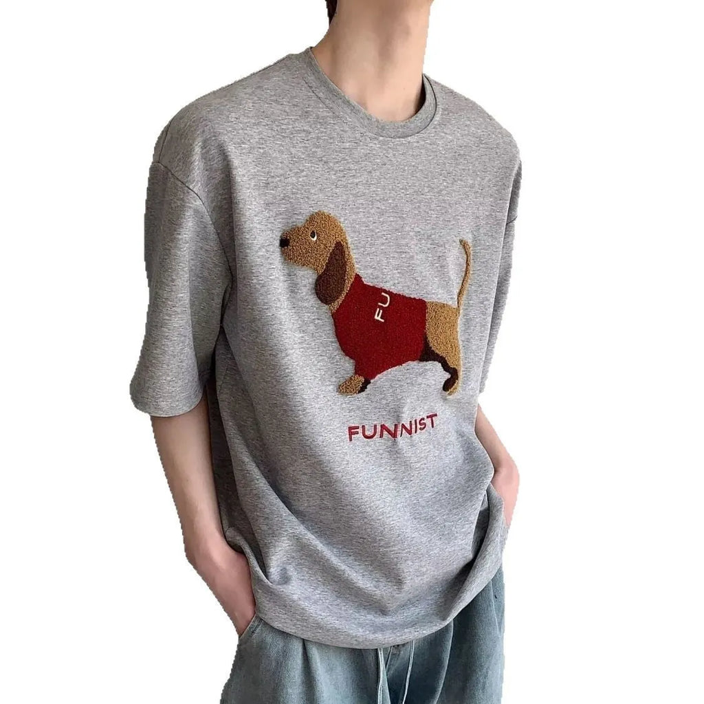 Mens grey cotton T-shirt with embroidered sausage dog towel design on front.
