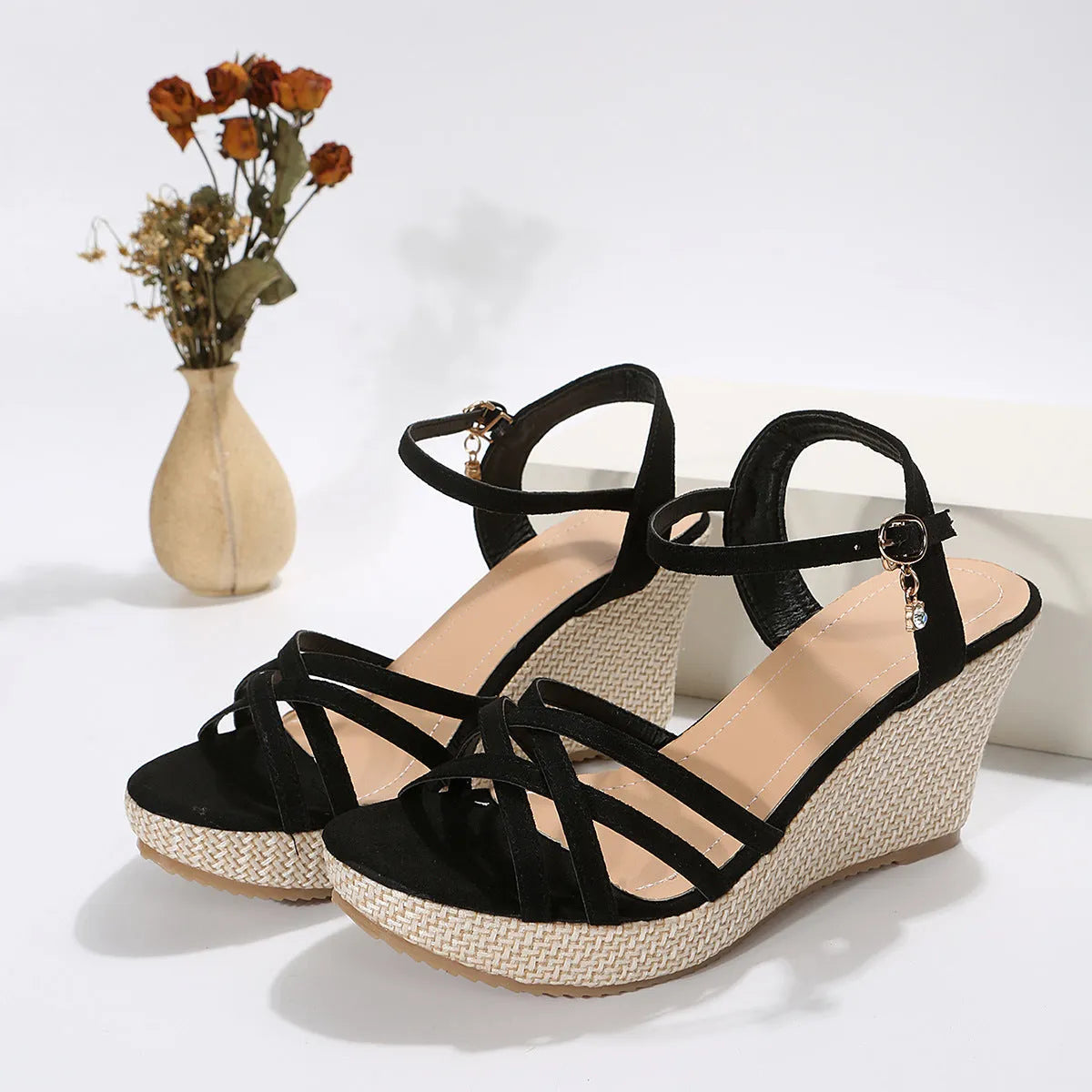 Women's black wedge sandals with fish mouth toe design and cloth upper material