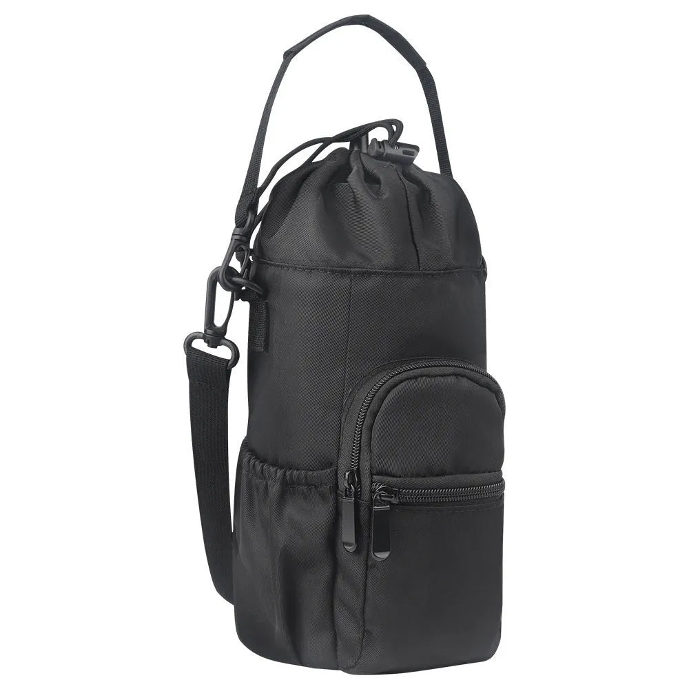 Cloth canvas water bottle pouch with a removable crossbody strap in black, green, and pink colour options.