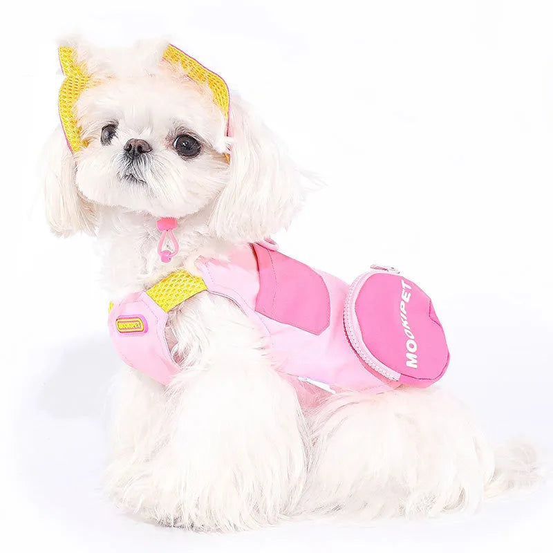 Pink polyester dog vest on a small white dog, showing casual style and fit.