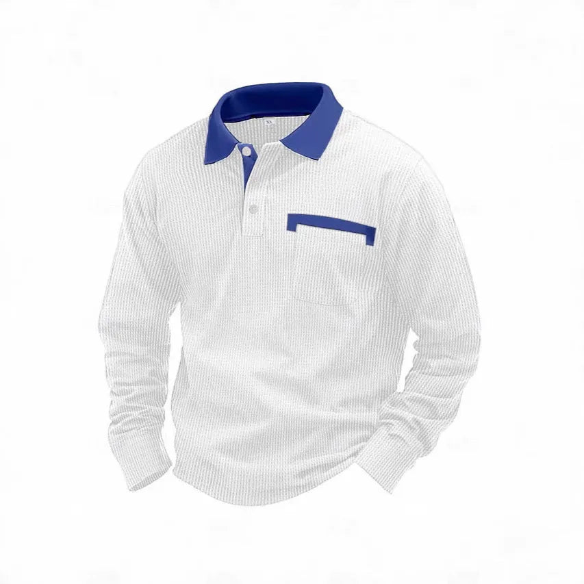 Men's long sleeve waffle polo shirt with asymmetric design in wine red colour
