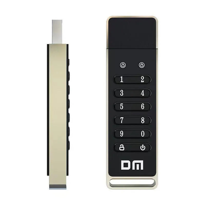 Silver metal fingerprint-encrypted USB flash drive showing size and scanner.