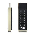 Silver metal fingerprint-encrypted USB flash drive showing size and scanner.