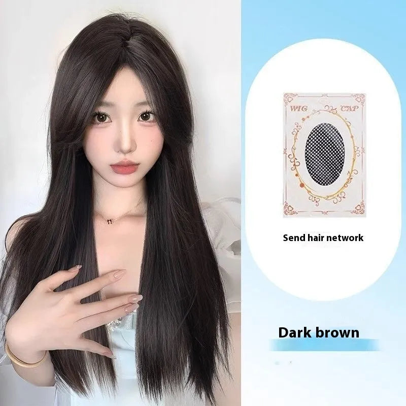 Long straight synthetic wig with forehead lace front and side bangs in dark brown colour.