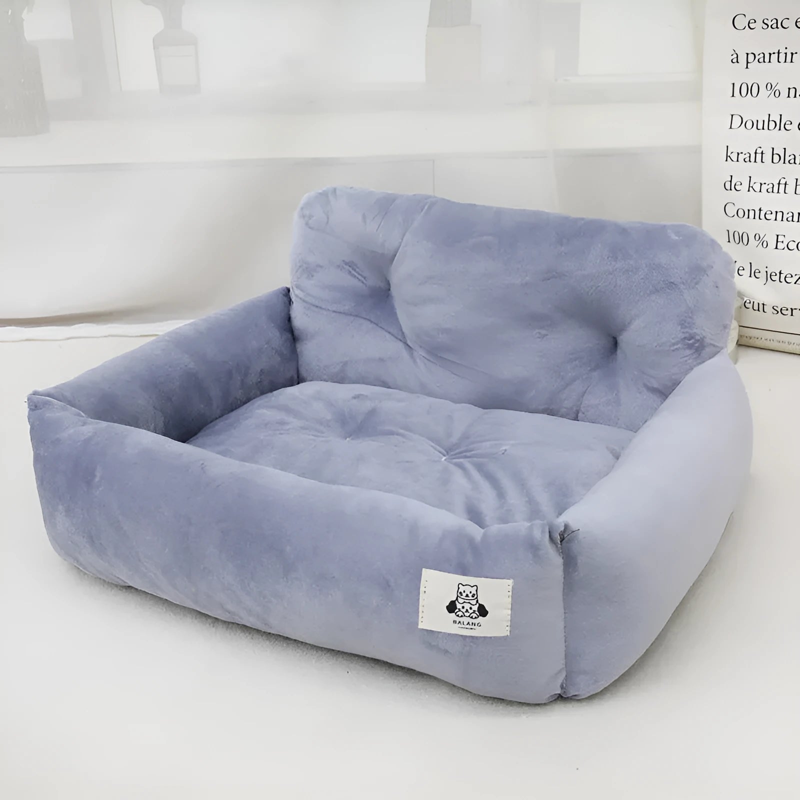 Grey and blue plaid car-mounted pet nest for dogs with stain-resistant cloth construction