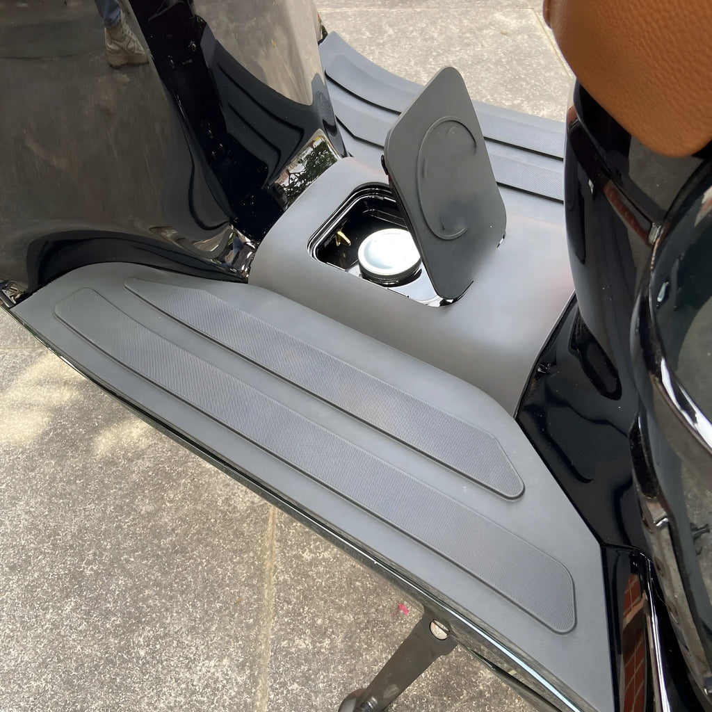 Motorcycle front foot pad accessory with 3D rubber texture in black grey and bronze gold colours