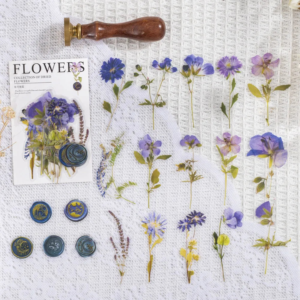 Eight styles of dried flower journal stickers in Dark Night Purple, rose nebula and other colours at 70mm size