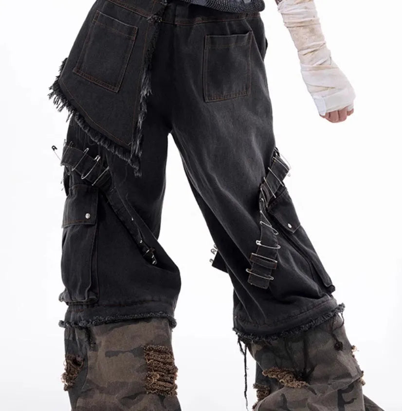 Men's grey jeans with camouflage splicing pattern and pin ribbon detailing