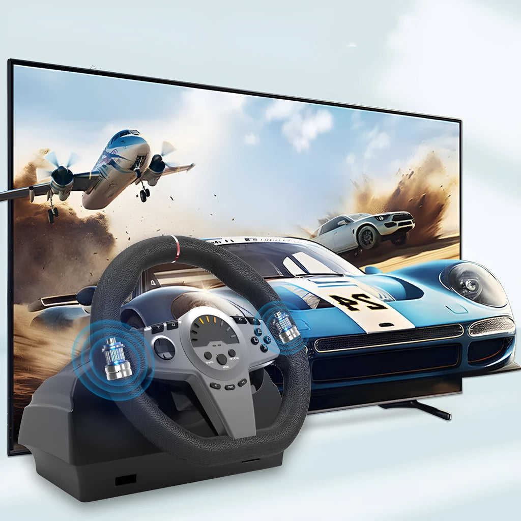 Black multi-platform USB racing wheel with two pedals and a manual bracket for PC and console gaming.
