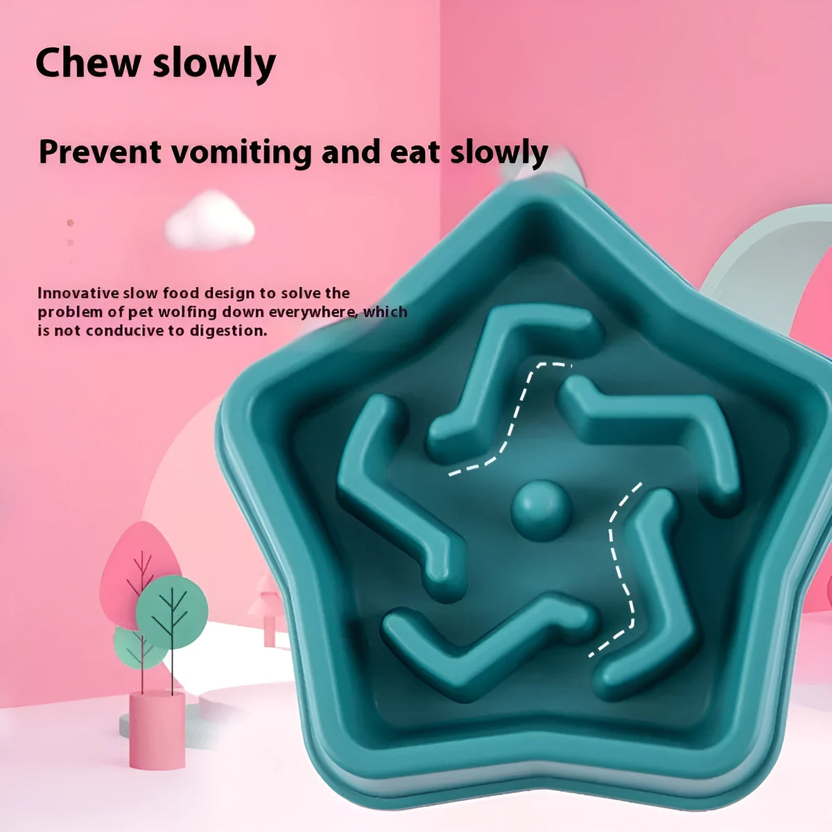 Yellow plastic dog slow feeding bowl with textured interior and anti-slip base measuring 20.1cm