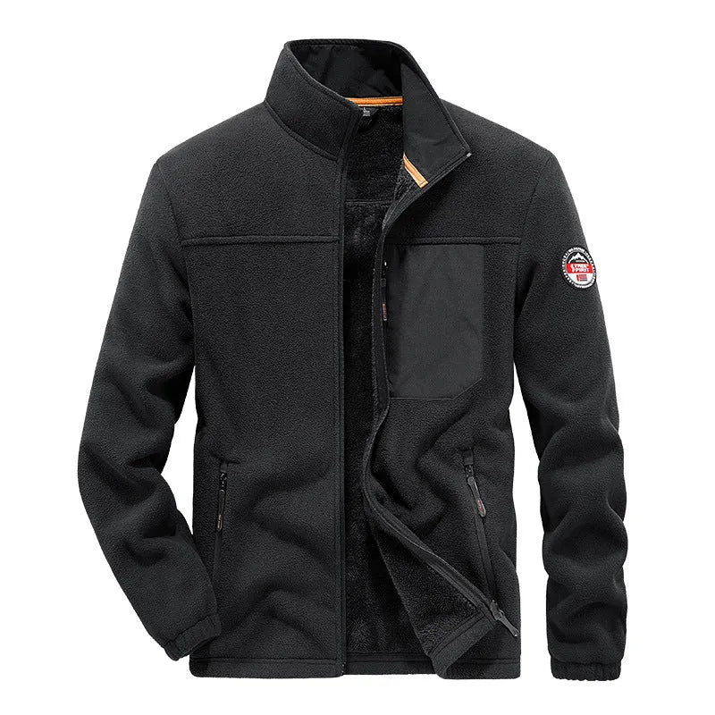 Men's solid colour fleece cardigan with zip pockets in gray, black, blue, or khaki