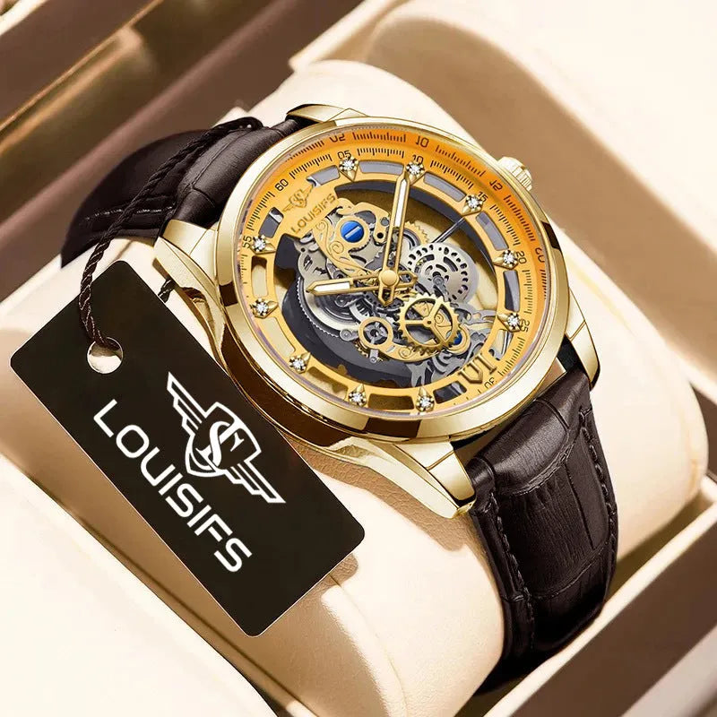 Swiss men's quartz watch with double-sided hollow case and leather strap in business styling