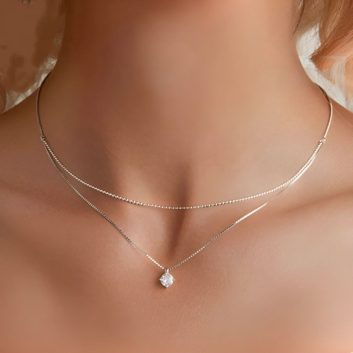 Women's silver double-layer necklace with S925 sterling silver pendant and pearl chain