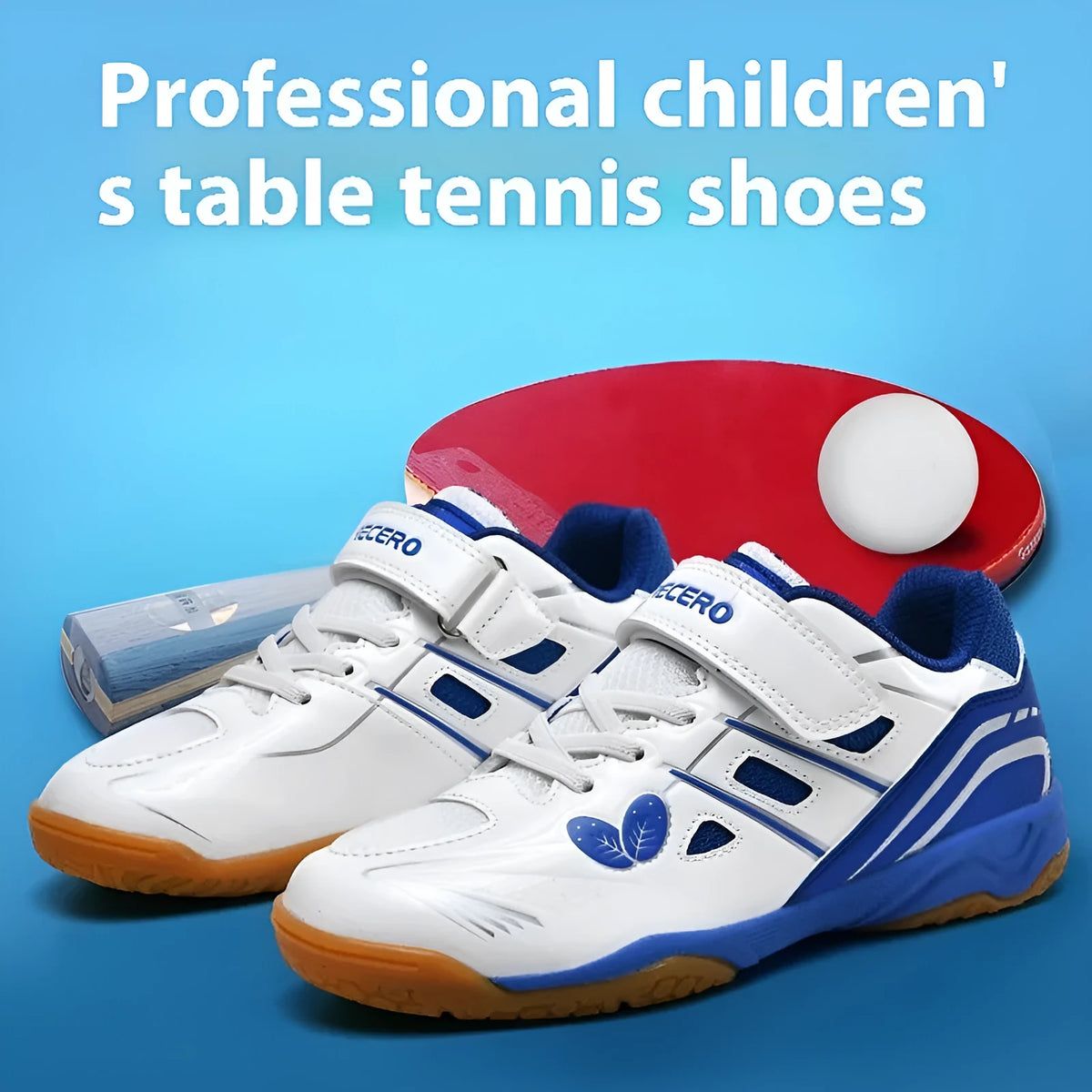 White and blue PVC badminton shoes with a ribbed sole and low-top casual design