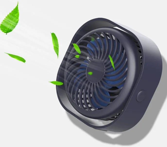 USB charging desk fan with alarm clock display in blue, showing 360-degree rotation capability.
