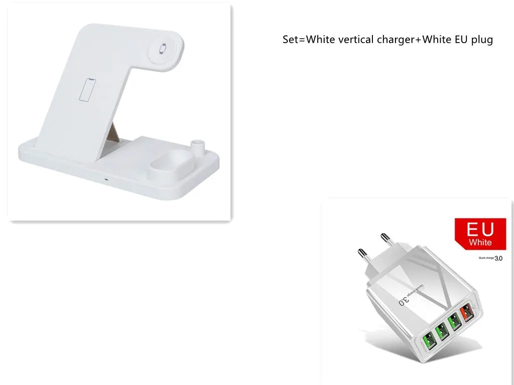 4-in-1 wireless charging station showing phone, Apple Watch, AirPods and Apple Pencil charging simultaneously