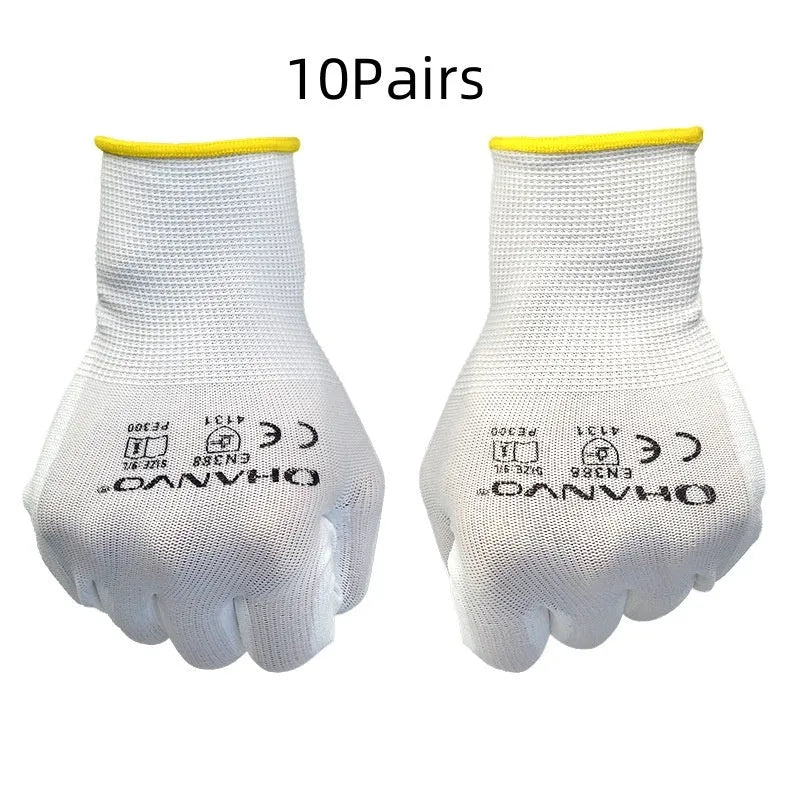 White PU coated labor gloves in size L and M, sold as a 10 pair pack for workshop use