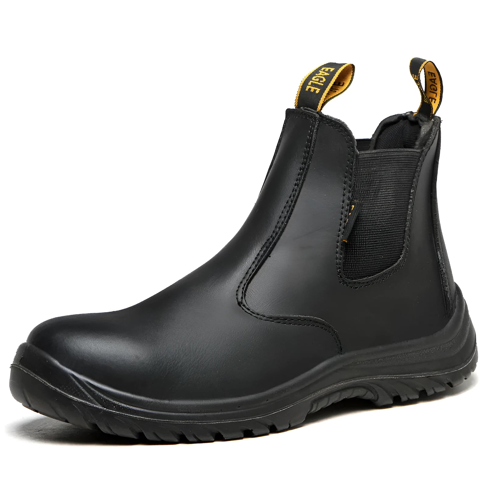 Black high-top cowhide leather safety work boots with anti-piercing sole.