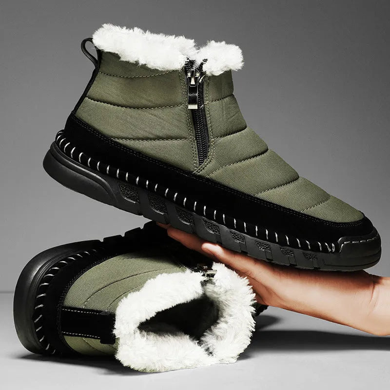 Men's green plus size snow boot with round toe, flat heel, and non-slip rubber sole.