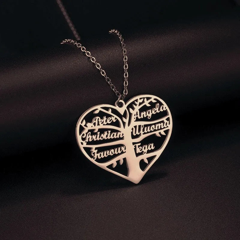 Women's personalised stainless steel necklace with hollow heart life tree pendant for custom names