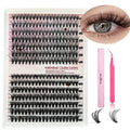 DIY cluster false eyelashes mixed package showing 30D and 40D densities in 9-16mm lengths with tweezers