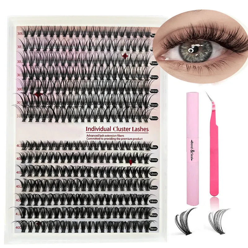 DIY cluster false eyelashes mixed package showing 30D and 40D densities in 9-16mm lengths with tweezers