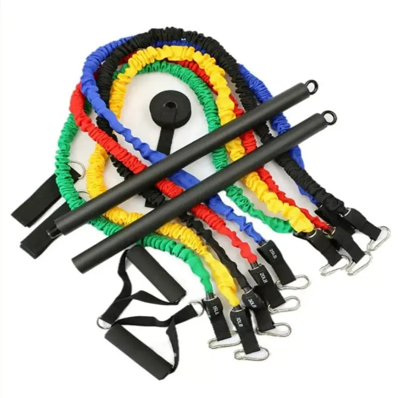 Blue two-segment push-and-pull fitness stick with rope tension system for home exercise