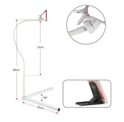 Black mobile phone bed bracket with overhead shelf mounted beside bed for hands-free viewing