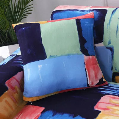 Printed geometric pattern sofa slipcover on a three-seater sofa in modern style
